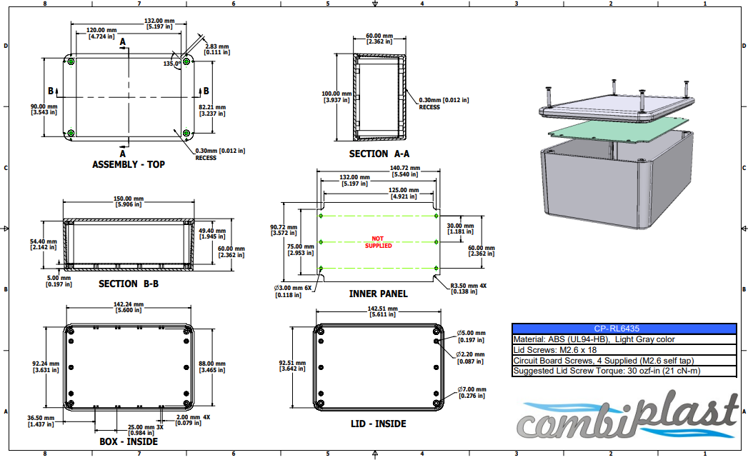 Plastmasas korpuss, 100x150x60mm, IP54, ABS, pelēkā krasa