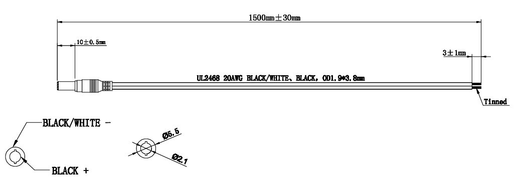5.5*2.1mm, L=10mm, taisns štekers, 24V/3A, 0.5mm2, plakans vads, 1.5m