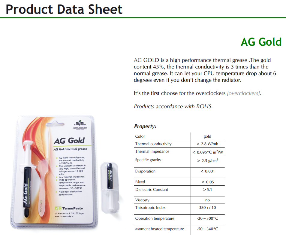 Pasta siltumvadītspēja, procesoram, 1g, "silikons + zelts", 2.8W/mK, -30...300°C