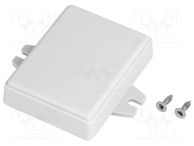 Plastmasas korpuss, 49x64x17mm, polistirens, pelēkā krasa, ar piestiprinājumiem