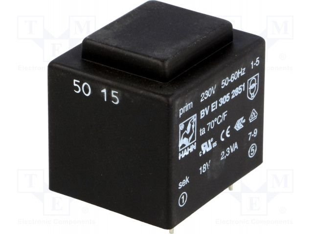 Transformators 220V=>18V, 128mA, 2.3VA, 32.5x27.5x29.8mm