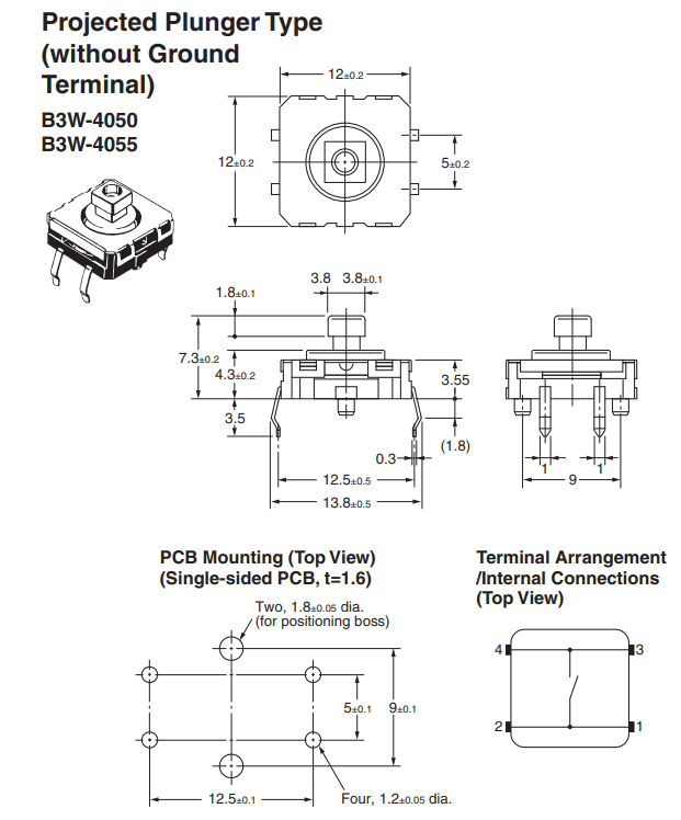 Mikroslēdzejs horizontāls, SPST-NO, OFF-(ON), 0.05A/24VDC, THT, 12x12x4.3mm, 1.96N, L=3.5mm, IP67, OMRON