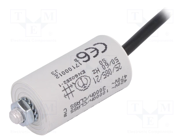 6.0/420V+cable elektromotoru kondensators, ±10%, Ø30x57mm, M8, 10000h, KEMET