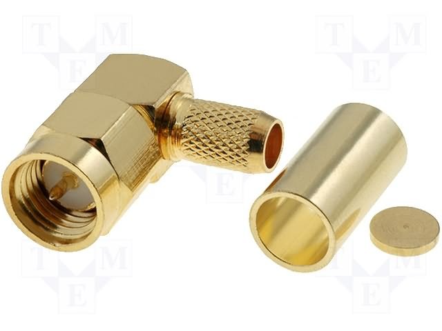 SMA štekers, crimp RG58, leņķisks 90°, centrā spraudnis