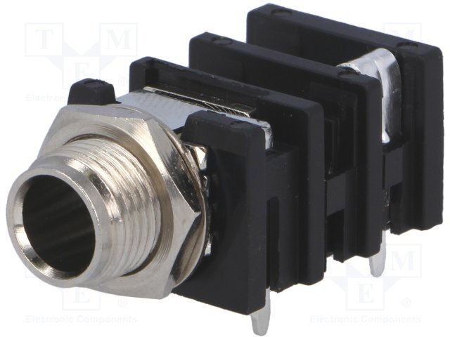 6.35mm ligzda, mono, plastmasas, THT, skrūvejamas šasijai M9, metāla uzgrieznis, on/off, AMPHENOL