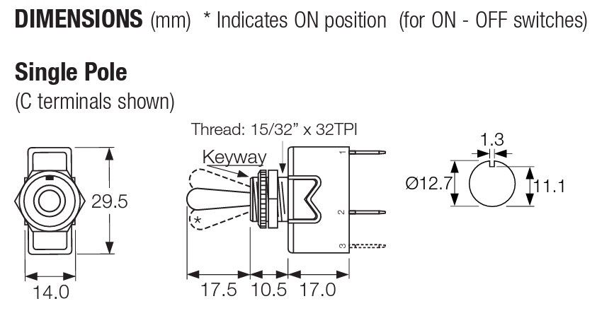 Tumblers, SP3T, (ON)-OFF-(ON), 16A/250VAC, lodēšanai, 6.3x0.8mm, M12, 29.5x14x17mm, IP67, BULGIN, bez fiksacijas