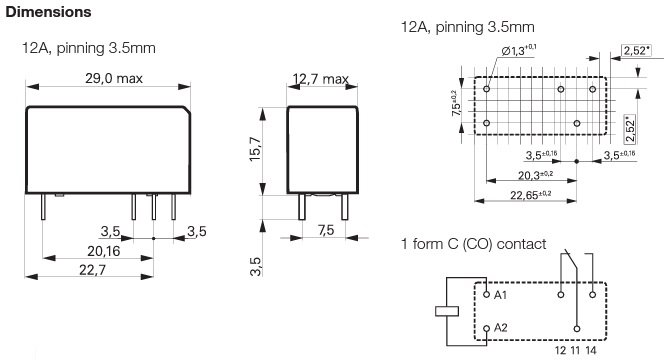 Relejs DC24V, SPDT, 12A/250VAC, 12A/24VDC, 1.1kΩ(21.8mA), viens kontakts uz pārslēgšanu, 29x12.7x15.7mm, TE Connectivity
