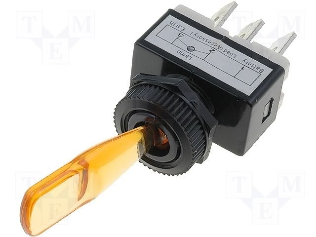 Tumblers, SPST-NO, OFF-ON, 6A/12VDC, lodēšanai, 6.3x0.8mm, M12, 13.7x25.5x12.2mm, poliamids, CSI, ar fiksaciju, ar dzeltenu apgaismošanu 12V