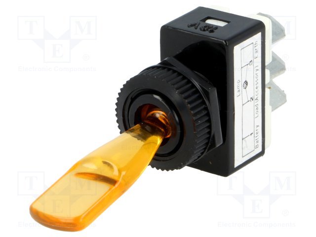 Tumblers, SPST-NO, OFF-ON, 6A/12VDC, lodēšanai, 6.3x0.8mm, M12, 13.7x25.5x12.2mm, poliamids, CSI, ar fiksaciju, ar dzeltenu apgaismošanu 12V