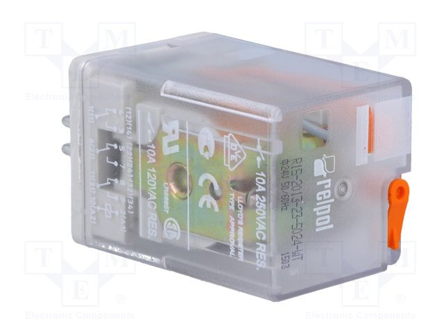 Relejs AC24V, 3PDT, 3x10A/250VAC, 3x10A/24VDC, 75R(65mA), trīsi kontakti uz pārslēgšanu, 35x35x54.5mm, RELPOL