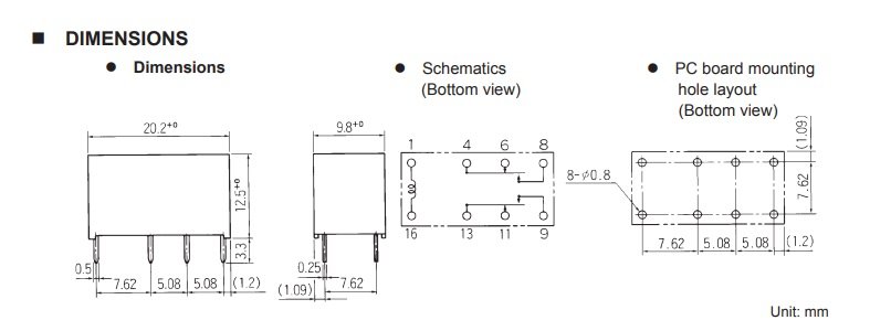 Relejs DC24V, DPDT, 2x0.5A/120VAC, 2x1A/24VDC, 2.88kΩ(8.3mA), divi kontakti uz pārslēgšanu, 20.2x9.8x12.5mm, FUJITSU