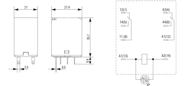 Relejs AC24V, DPDT, 2x10A/250VAC, 2x10A/24VDC, 160R(150mA), divi kontakti uz pārslēgšanu, 21.5x28x36mm, WEIDMÜLLER