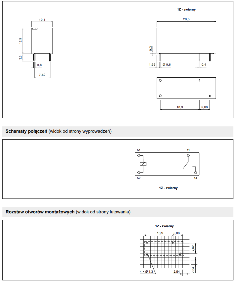 Relejs DC24V, SPST-NO, 10A/250VAC, 10A/30VDC, 2.35kΩ(10mA), viens kontakts(5.08mm) uz saslēgšanu, 28.7x10.3x12.7mm, RELPOL
