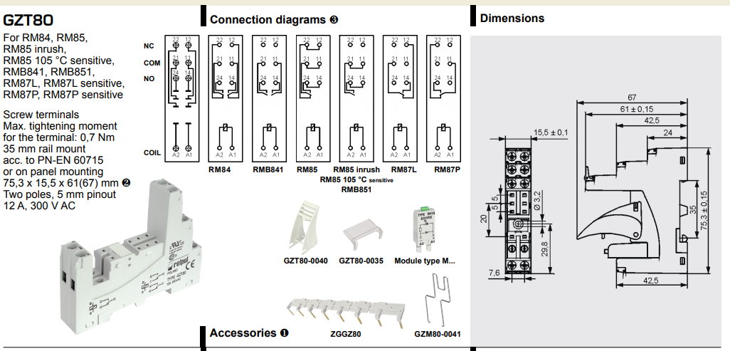 Releja pamats, 8pin(2+2x3), 12A/300VAC, DIN rail montaža, DPDT(SPDT), relejam RM84, RM85, RM87L, RM87P, RMB841, RMB851
