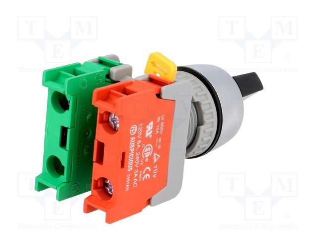 Paneļu slēdzejs, 22mm, 2 poz., ON-OFF, mēlna, IP65, 3A/230VAC, divi kontakti uz sasl/atslēg.