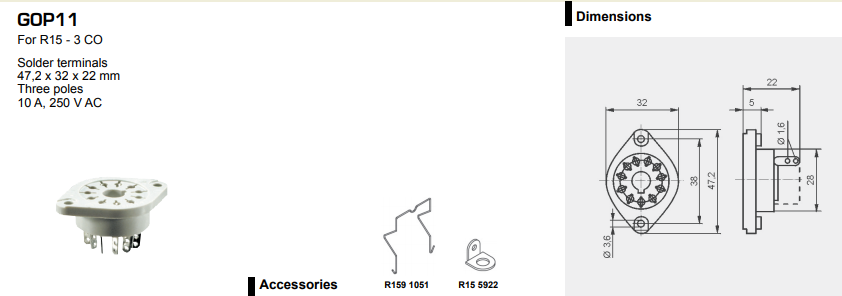 Releja pamats, R=15, 11pin, lodešana veida