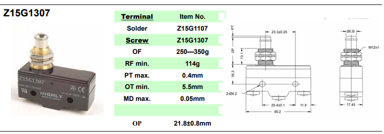 Mikropārslēdzējs ar štoku, SPDT, ON-(ON), 20A/250VAC, IP40, 49.2x17.45x24.2mm, viens kontakts
