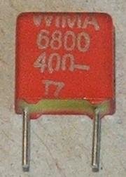 6.8nF/400VDC, 200VAC, ±10%, poliesters kondensātors 5mm, 2.5x6.5x7.2mm, WIMA