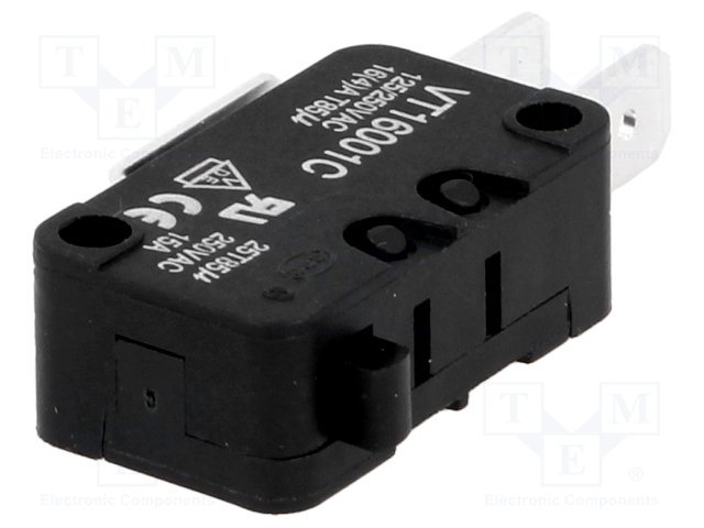 Mikropārslēdzējs bez sviras, SPDT, ON-(ON), 14A/250VAC, IP40, 2.5N, 27.8x10.3x15.9mm, 6.3x0.8mm, viens kontakts uz parslēgšanu