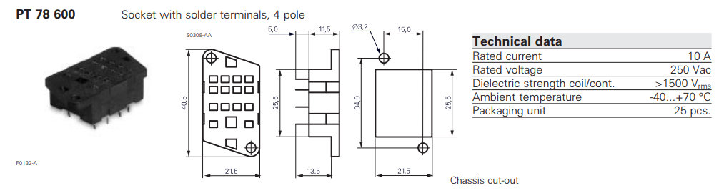 Releja pamats, 14pin(2+3x4), 12A/250VAC, skrūvejamā/lodējamā montaža, 4PDT
