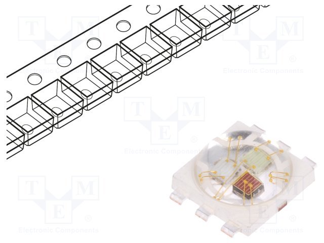Ultra spožas gaismas diode, 3W, 1.9..2.5/3..3.6/3.1..3.7V/350mA, 47-55lm/69-81lm/18-21lm, 140grad, 4x4x1.85mm, RGB, PLCC6