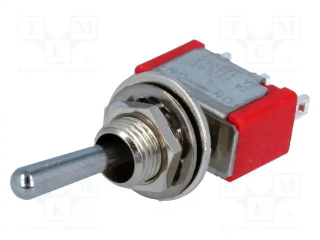 Tumblers, SP3T, ON-OFF-ON, 2A/250VAC, 5A/28VDC,  lodēšanai, M6, 12.7x6.86x8.89mm, viens kontakts uz trīm stavoklim, ar fiksaciju, apaļš rokturis