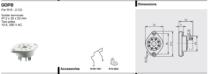 Releja pamats, R=15, 8pin, lodešana veida