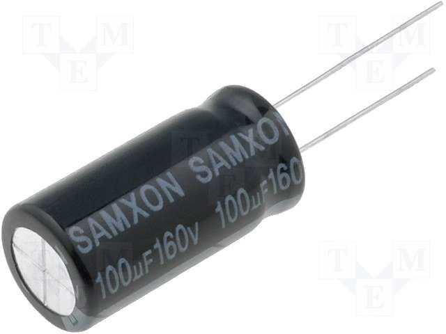 100/160V 105C, Ø12.5x25mm, ±20%, Kondensators elektrolītisks, 2000h, SAMWHA, ar lokanien izvadiem
