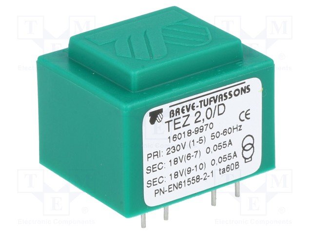 Transformators 220V=>2x18V, 2x50mA, 2VA, 28x33x24mm
