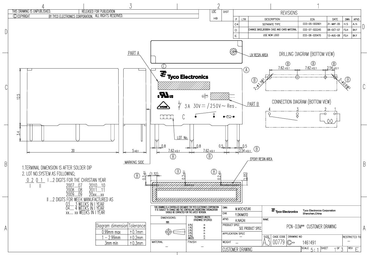 Relejs DC24V, SPST-NO, 5A/250VAC, 5A/30VDC, 4.8kΩ(5mA), viens kontakts uz saslēgšanu, 20x5x12.5mm, TE Connectivity
