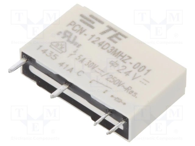 Relejs DC24V, SPST-NO, 5A/250VAC, 5A/30VDC, 4.8kΩ(5mA), viens kontakts uz saslēgšanu, 20x5x12.5mm, TE Connectivity