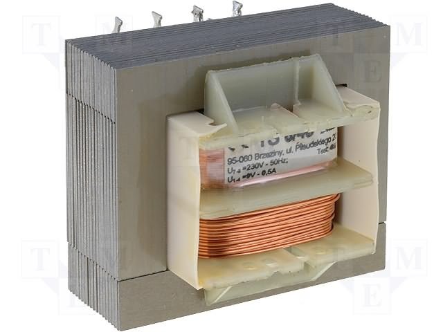 Transformators 220V=>9V, 500mA, 6VA, 48x40x37mm