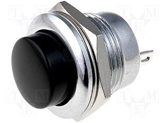 Poga SPST-NO, OFF-(ON), 3A/250VAC, Ø19x23mm, M16x1, metal/melna krasa, bez fiksacijas