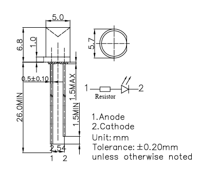 5mm, zila, 12V, 220...330mcd, 120°, 12V/10...15mA, 470...475nm, gaismas diode, plakana