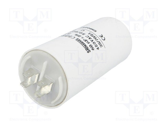 60.0/450V, ±5%, elektromotoru kondensators, klemes 6.3mm, 3000h, M8, Ø50x106mm