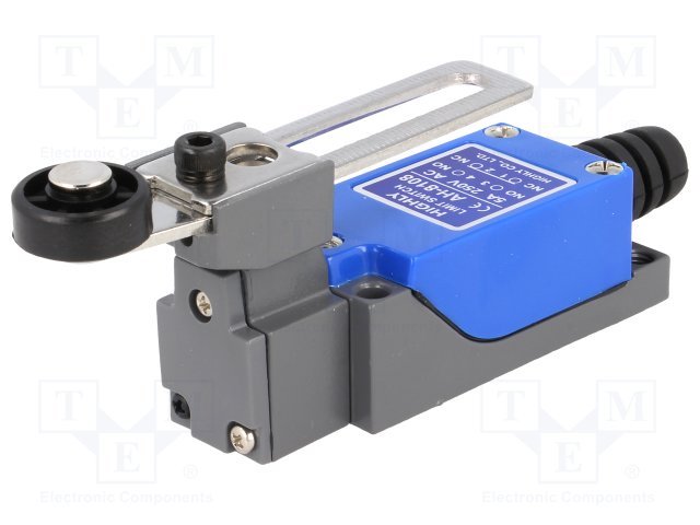 Gala slēdzis, ar regulejamu sviru L=20-72mm un rulišiem Ø18mm, NO + NC, 5A/250VAC, IP64, 64x28x25mm