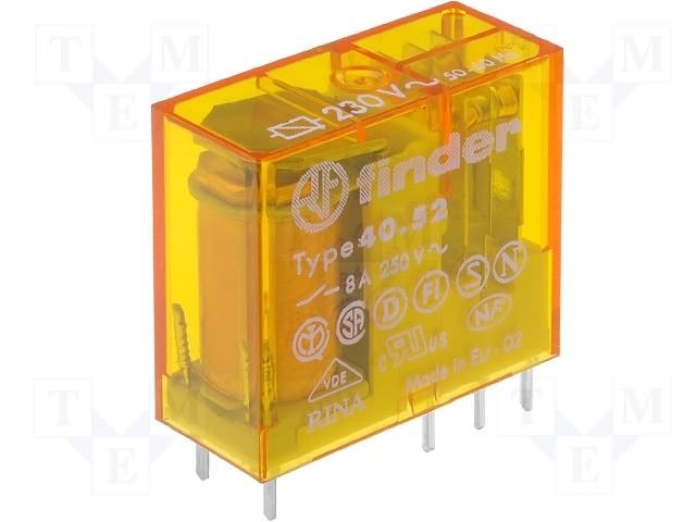 Relejs 230V/AC, DPDT, 2x8A/250VAC, 2x8A/30VDC, 28kOhm(7.8mA), divi kontakti uz pārslēgšanu, 29x12.4x25mm, FINDER