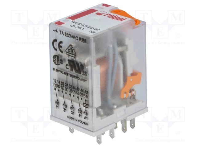 Relejs 230V/AC, 4PDT, 4x6A/250VAC, 4x6A/24VDC, 16100Ω(14.3mA), IP40, četras grupas uz pārslēgšanu, lodejama, 27.5x21.2x35.6mm, RELPOL