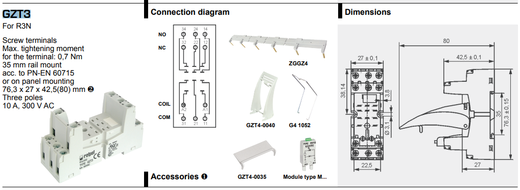Releja pamats, 10pin(2+3x3), 10A/300VAC, DIN rail montaža, relejam R3, R3N, 3PDT