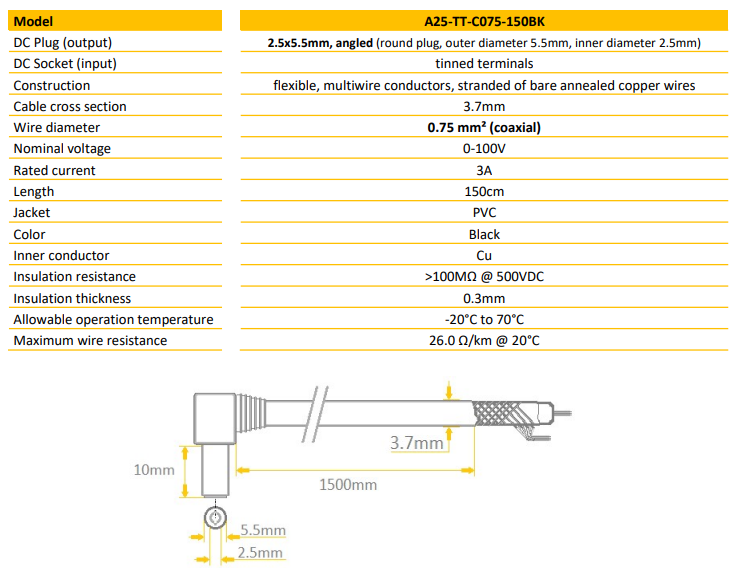 5.5*2.5mm, L=10mm, leņķisks štekers, 100V/3A, 0.75mm2, plakans vads, 1.5m