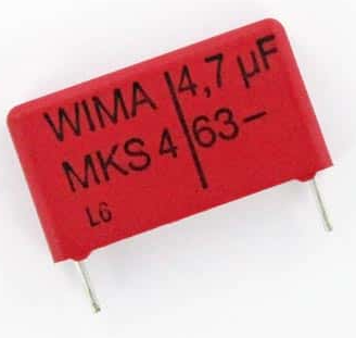 4.7mkF/63VDC, 40VAC, ±10%, poliesters kondensātors, 15mm, 7x14x18mm, WIMA