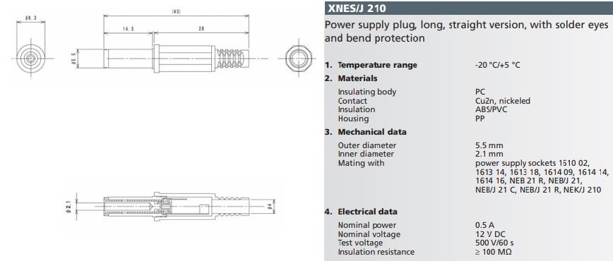 5.5x2.1mm, L=14.5mm, štekers, lodējams, uz vadu, ar amortizatoriu, taisns, 0.5A/12VDC, LUMBERG