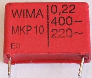 220nF/400VDC, 250VAC, ±20%, polipropilēns kondensātors 22.5mm, 7x16.5x26.5mm, WIMA