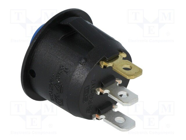 Taustiņslēdzis SPST, OFF-ON, 6A/250VAC, 20A/12VDC, D=23mm, ar apgaism. neon. spul., zilā krasa, ar fiksāciju