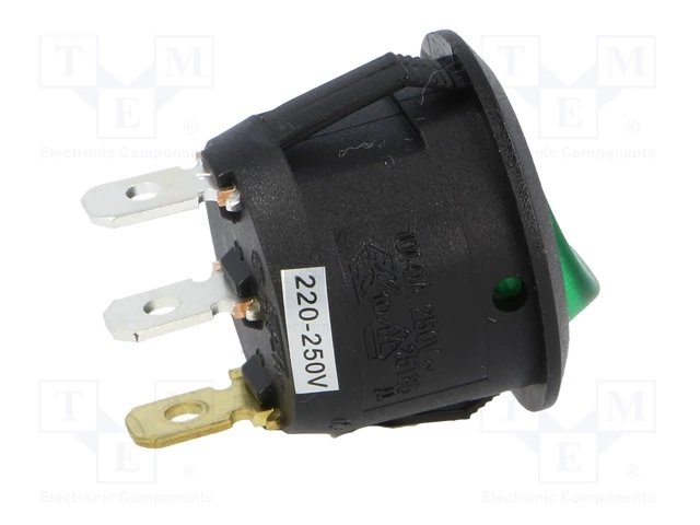 Taustiņslēdzis SPST, OFF-ON, 6.0A/250VAC, D=23mm, ar apgaism. neon. spul., (--O), zaļā krasa, ar fiksāciju