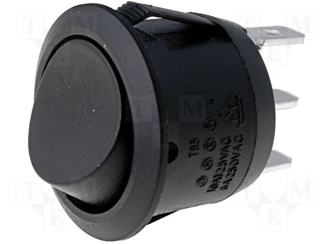 Taustiņslēdzis SPDT, ON-ON, 6A/250VAC, 20A/12VDC, D=23mm, bez uzraksta, melna krasa, apaļa, ar fiksāciju