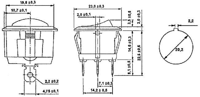 Taustiņslēdzis SPST, OFF-ON, 10A/250VAC, 10A/24VDC, D=23mm, LED2VDC-zaļa, melnā krasa, apaļa, ar fiksāciju
