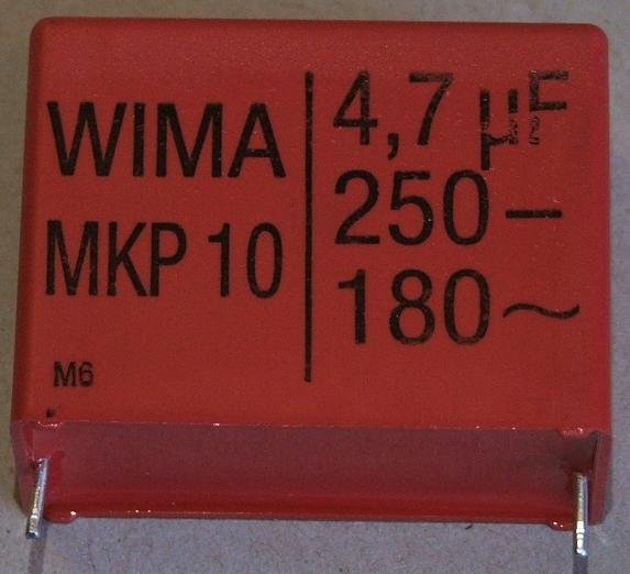 4.7mkF/250VDC, 160VAC, ±10%, poliesters kondensātors 27.5mm, 13x24x31.5mm, WIMA
