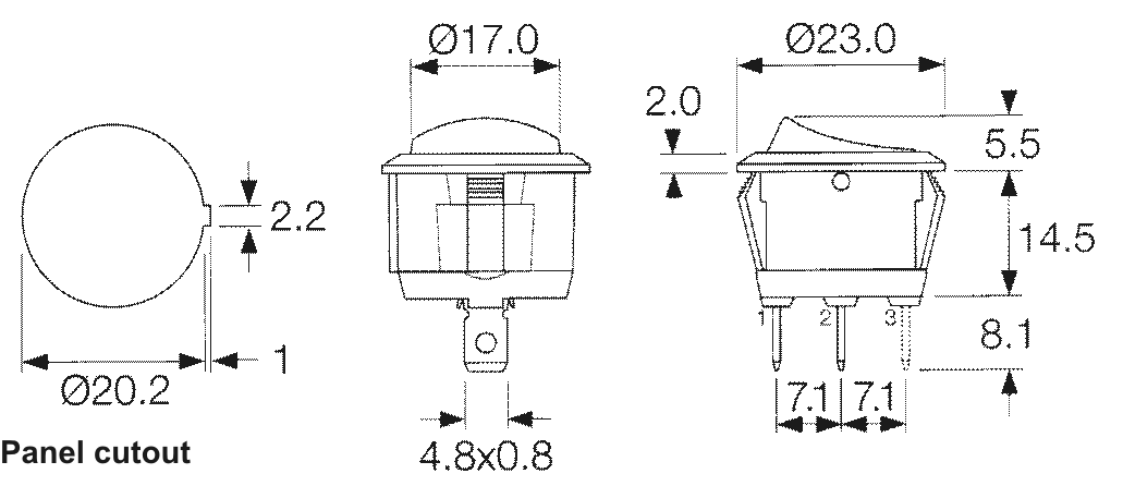 Taustiņslēdzis SP3T, ON-OFF-ON, 6A/250VAC, 20A/12VDC, D=23mm, melna krasa, (--O=), apaļa, ar fiksāciju