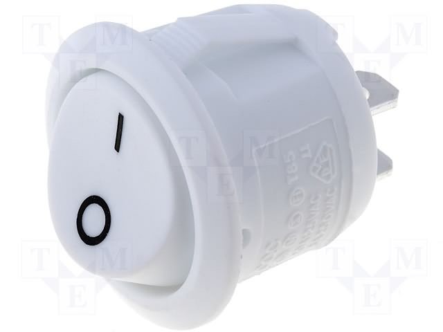 Taustiņslēdzis SPST, OFF-ON, 6A/250VAC, 20A/12VDC, D=23mm, balta krasa, apaļa, ar fiksāciju